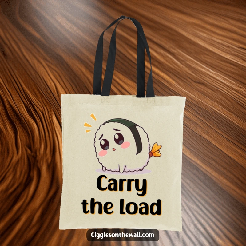 Funny tote bag featuring a cute surprised sushi character comically tripping over its tail, ideal for stylish, humorous carrying.