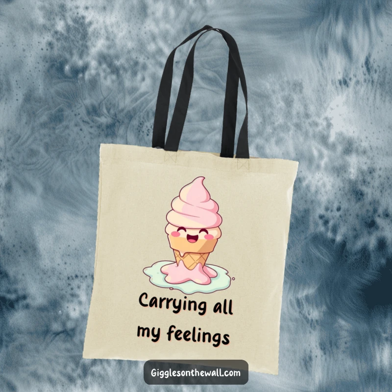 Funny tote bag with a happy ice cream cone character melting into a joyful puddle, ideal for carrying daily essentials.