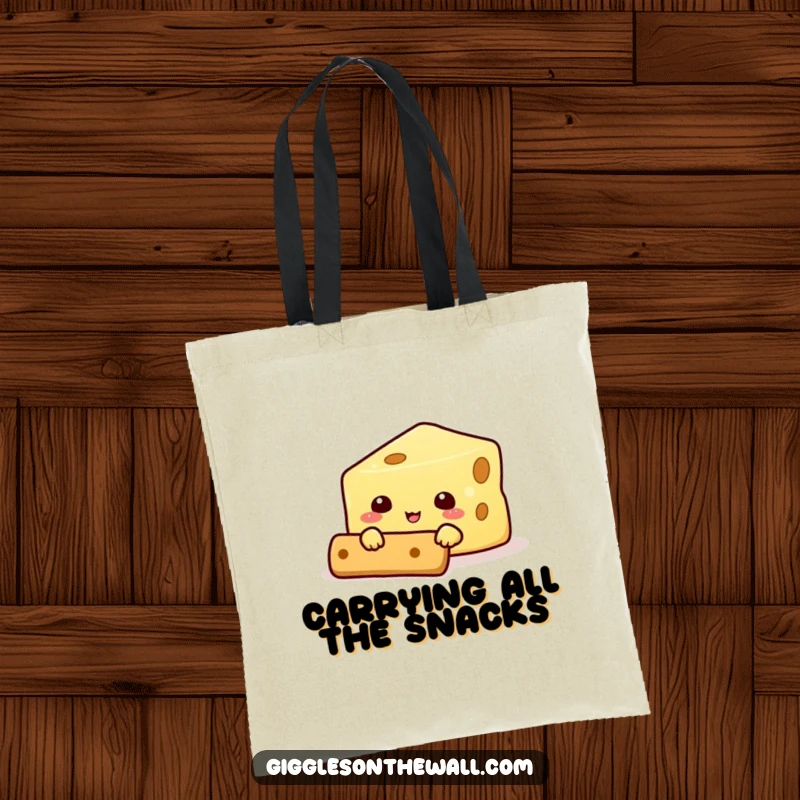 Funny tote bag depicting a cheese character attempting to hide behind a cracker, a stylish and humorous accessory for carrying daily items.