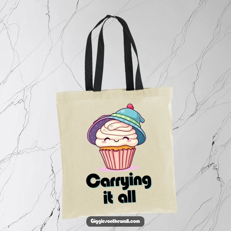 Funny tote bag featuring a playful cupcake attempting to wear two hats, a whimsical accessory perfect for carrying everyday essentials, a great funny gift.