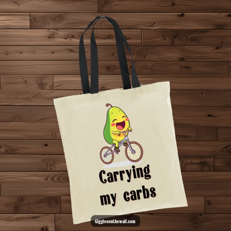 Funny tote bag displaying a laughing avocado character precariously riding a unicycle made of spaghetti, capturing a moment of hilarious determination.