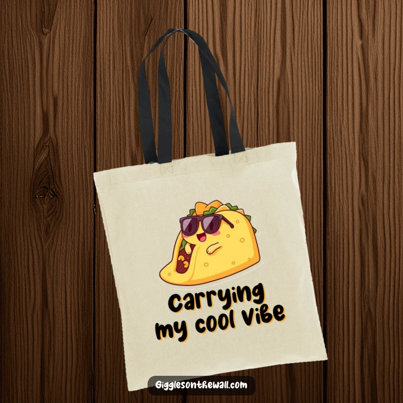 Funny lounging taco tote bag with a taco character wearing sunglasses, casually relaxing on a giant chip.