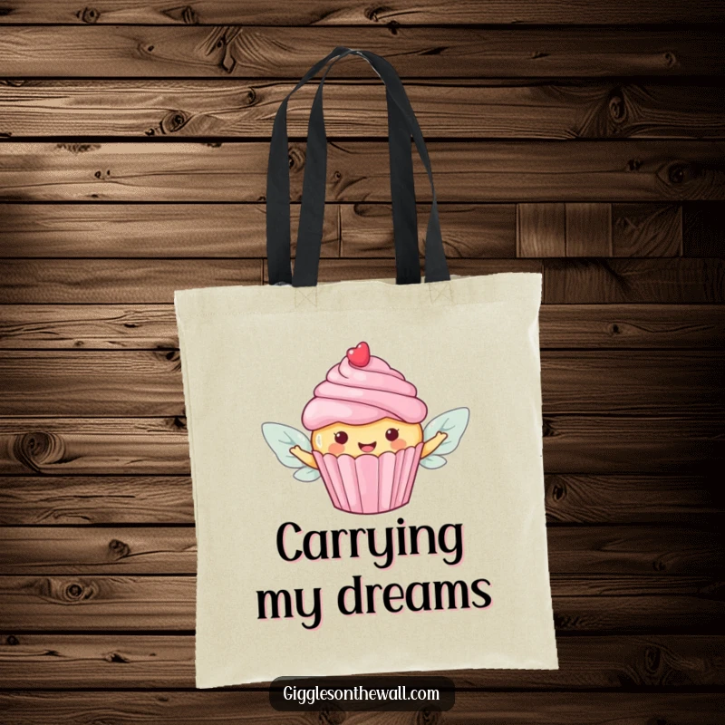 Funny tote bag featuring a happy cupcake with candy wings, embarking on a sweet, whimsical journey.
