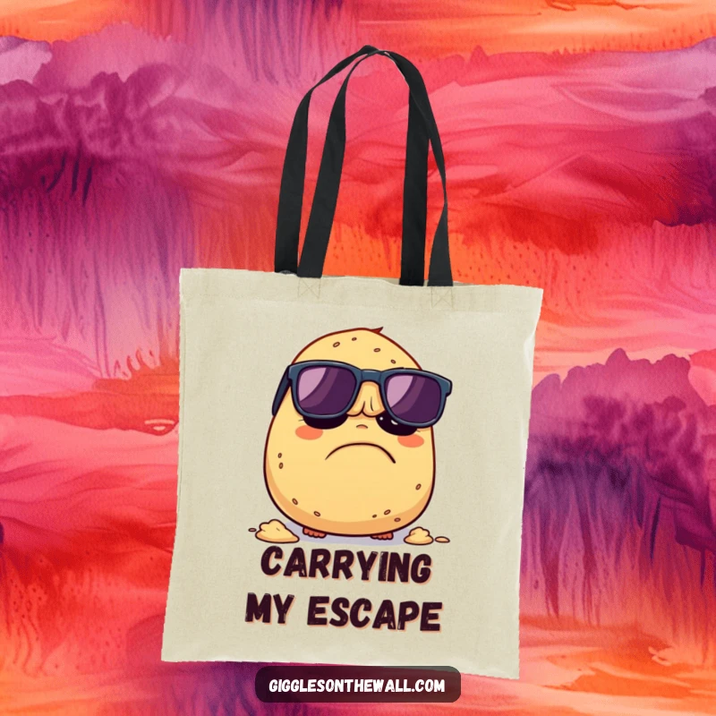 Funny Grumpy Potato Tote Bag: A tote bag showing a sunglasses-wearing potato humorously trying to escape being mashed, ideal for witty errands.