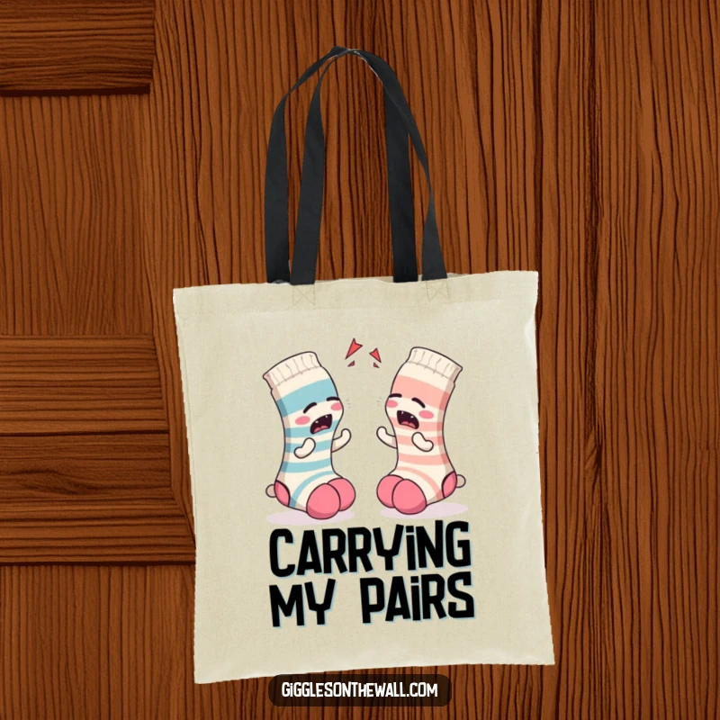 Funny Sock Tote Bag: A tote bag with a pair of socks in a heated argument, symbolizing playful conflict and relationship humor, perfect for shopping.