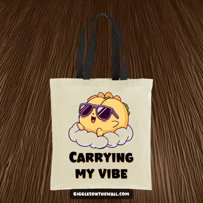 Funny tote bag featuring a taco character in sunglasses lounging on a cloud, showcasing a cool and relaxed design for carrying.