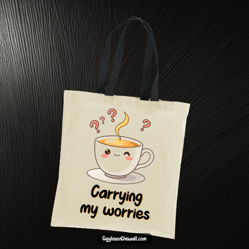 Funny tote bag with a curious teacup character whose steam rises in question marks, perfect for carrying daily items.