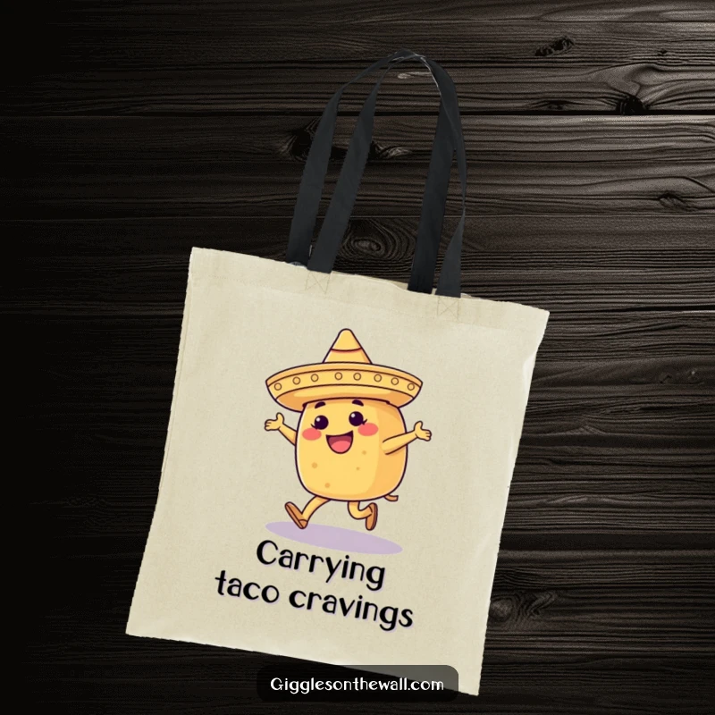 Funny tote bag with a happy taco in a sombrero, moonwalking with enthusiasm, ideal for carrying groceries or good times.