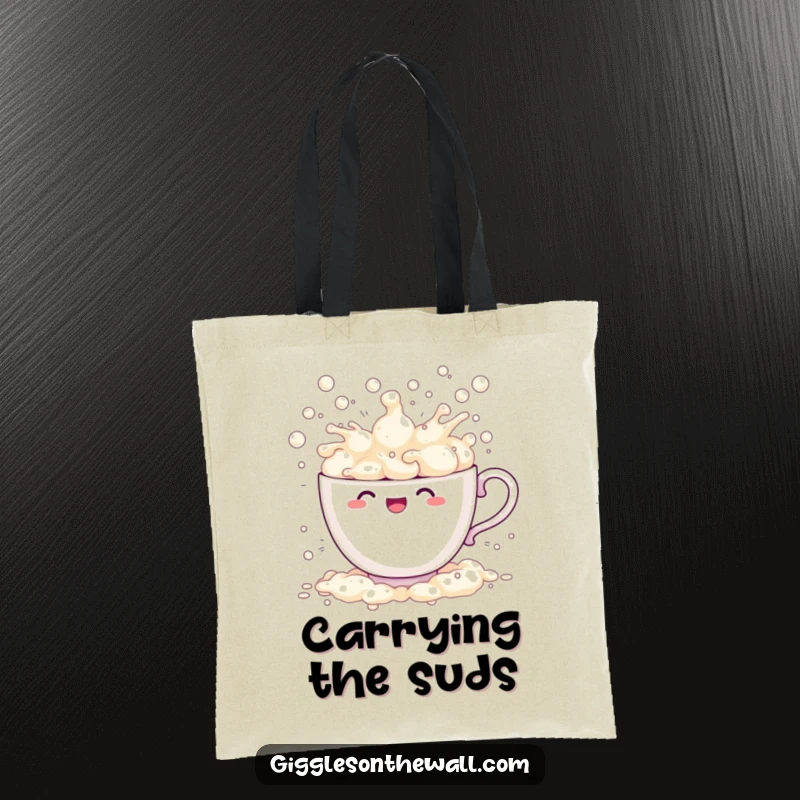 Funny teacup tote bag overflowing with bubbles and comically splashing, a whimsical and humorous carry-all.