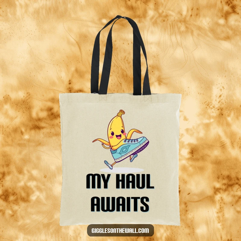 Funny tote bag with a smiling banana peel attempting to trip a running shoe, perfect for carrying items humorously.