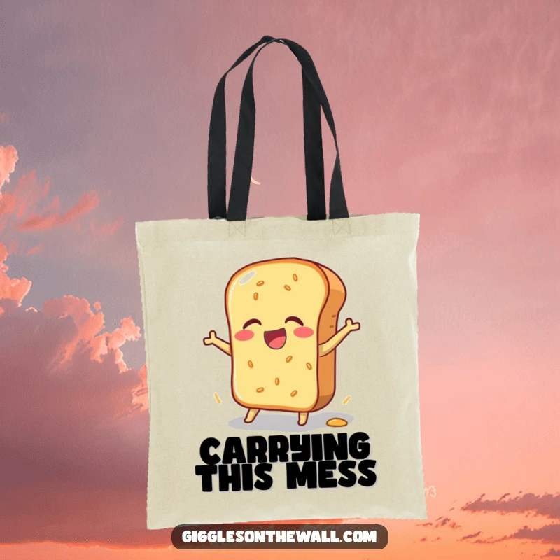 Funny tote bag featuring a bread loaf in a clumsy, joyful pratfall, a whimsical accessory for carrying essentials, a great funny gift.