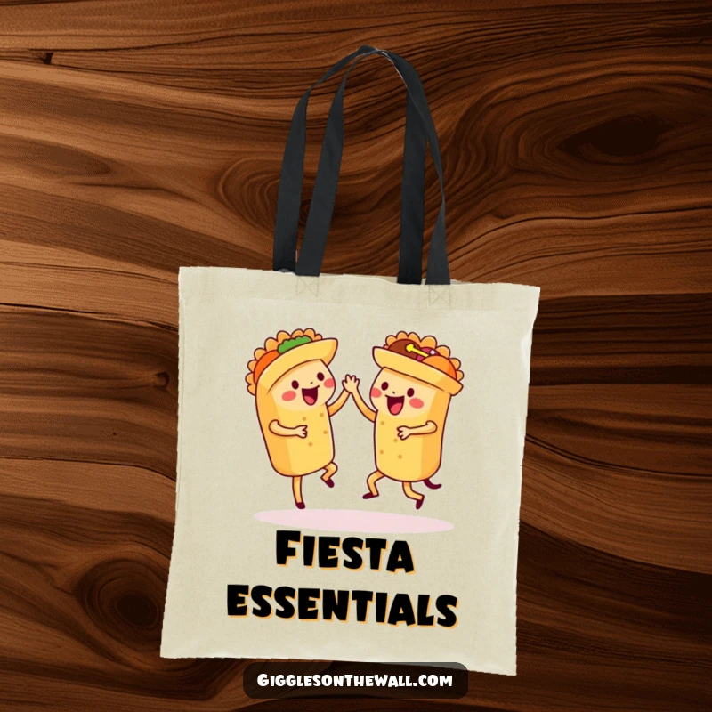 Funny dancing tacos tote bag, depicting a set of tacos performing a synchronized salsa dance, ideal for shopping.