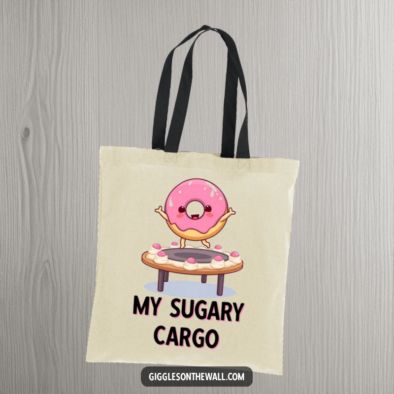 Funny donut character bouncing on a frosting trampoline on a tote bag, creating a fun and practical accessory for carrying treats.