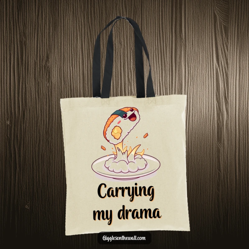 Funny sushi dramatically leaping off a plate on a tote bag, a stylish and humorous accessory, perfect funny gift.