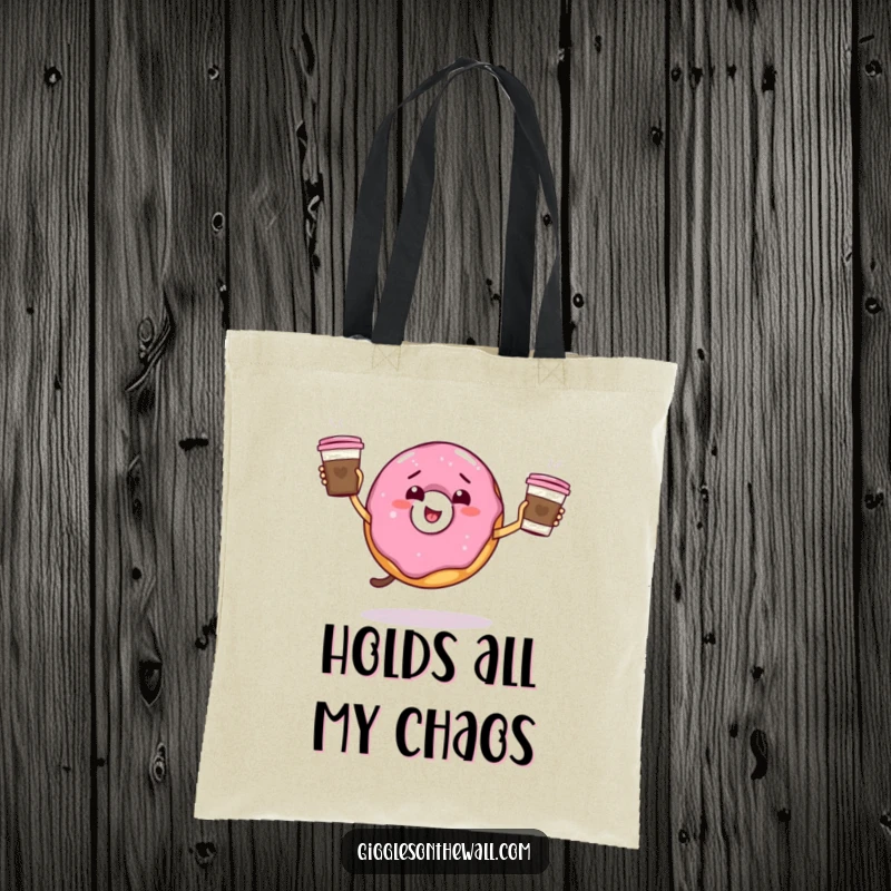 Funny giddy donut juggling coffee cups on a tote bag, a functional and humorous accessory, perfect funny gift.