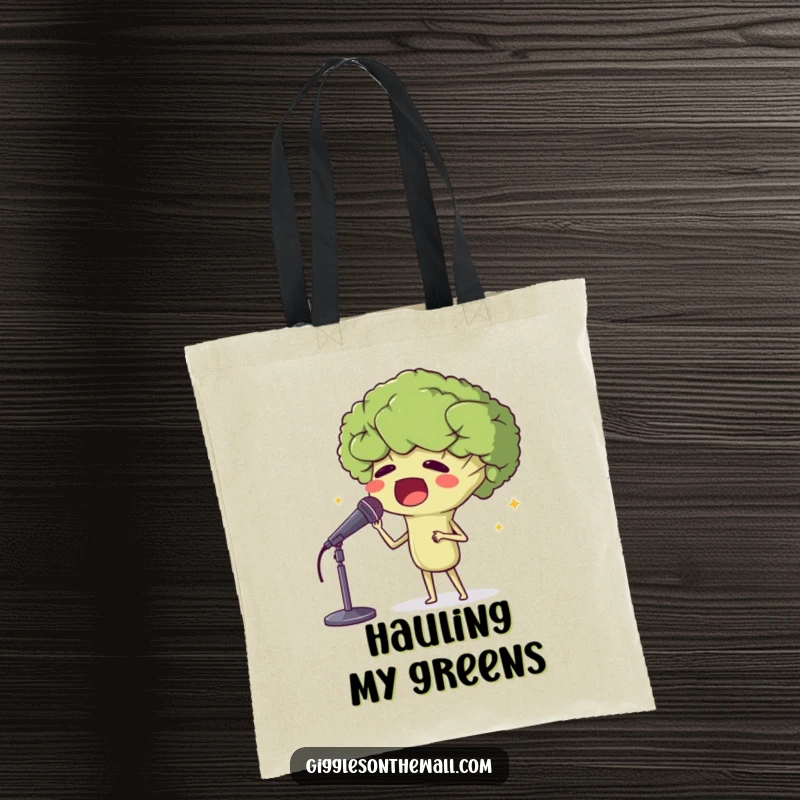 Funny tote bag showcasing a proud broccoli head singing opera into a microphone, perfect for carrying essentials with musical humor.