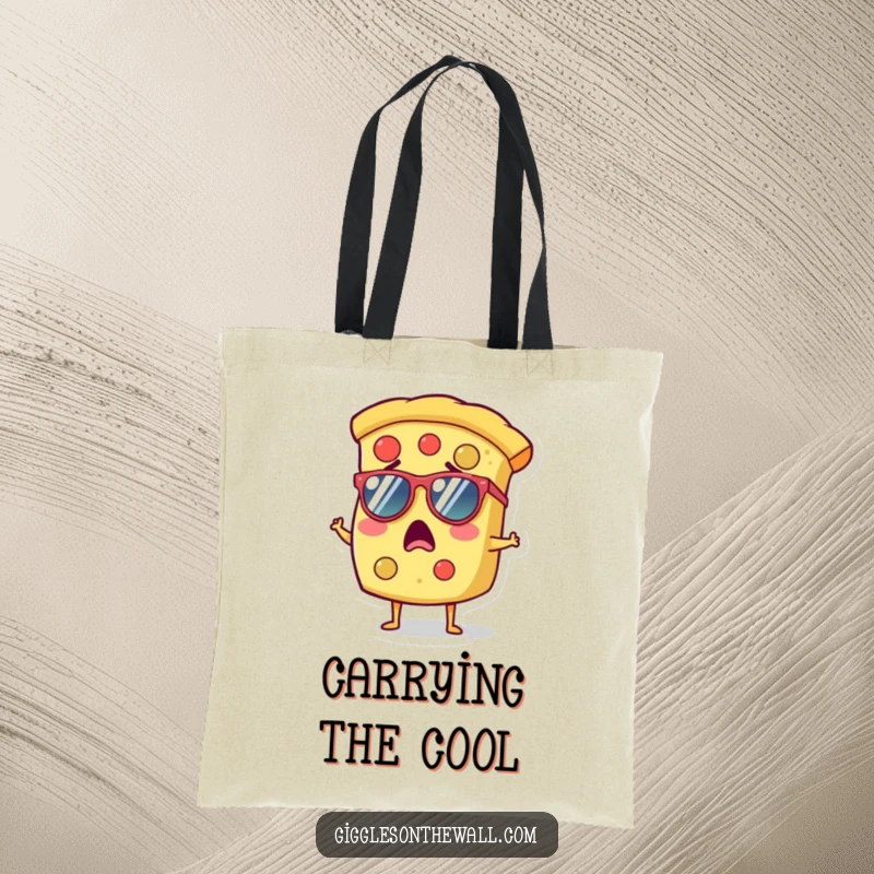Funny tote bag with a surprised slice of pizza wearing tiny sunglasses, perfect for carrying items with cool flair.
