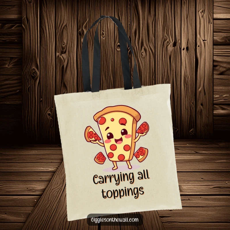 Funny tote bag featuring a smiling pizza character juggling pepperoni slices, ideal for carrying essentials with a humorous food theme.