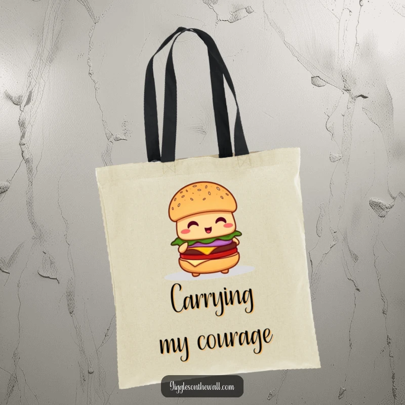 Funny shy hamburger tote bag, depicting a nervous burger character attempting to give a speech, ideal for everyday use.