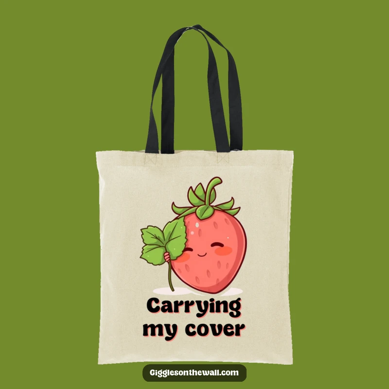 Funny Shy Strawberry Tote Bag: Hiding Leaf Character Canvas Gift