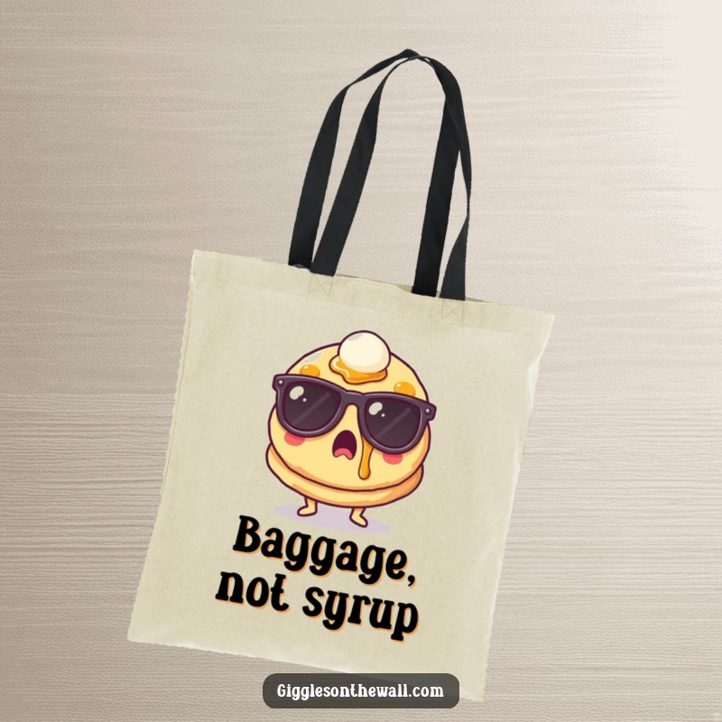 Funny surprised pancake with sunglasses and syrup on a tote bag, a handy and humorous accessory, perfect funny gift.
