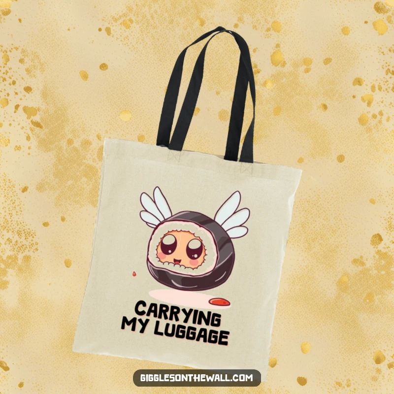 Funny Sushi Flying Tote Bag: A tote bag featuring a sushi piece with googly eyes attempting to fly using soy sauce packets, ideal for humorous errands.