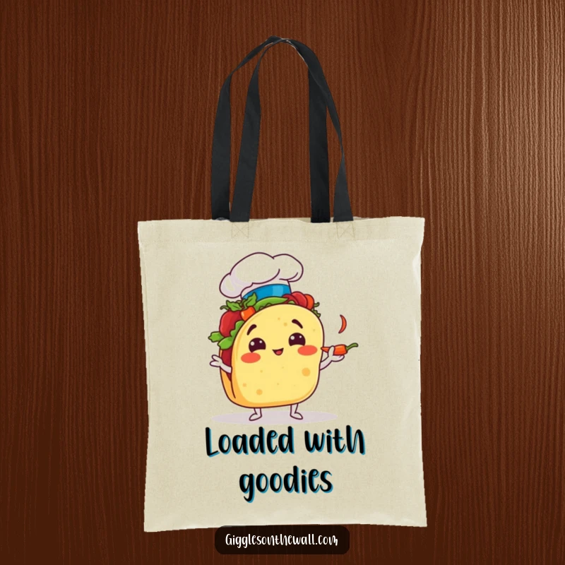 Funny taco chef tote bag, comically juggling tiny chili peppers, a humorous and practical accessory for food enthusiasts.