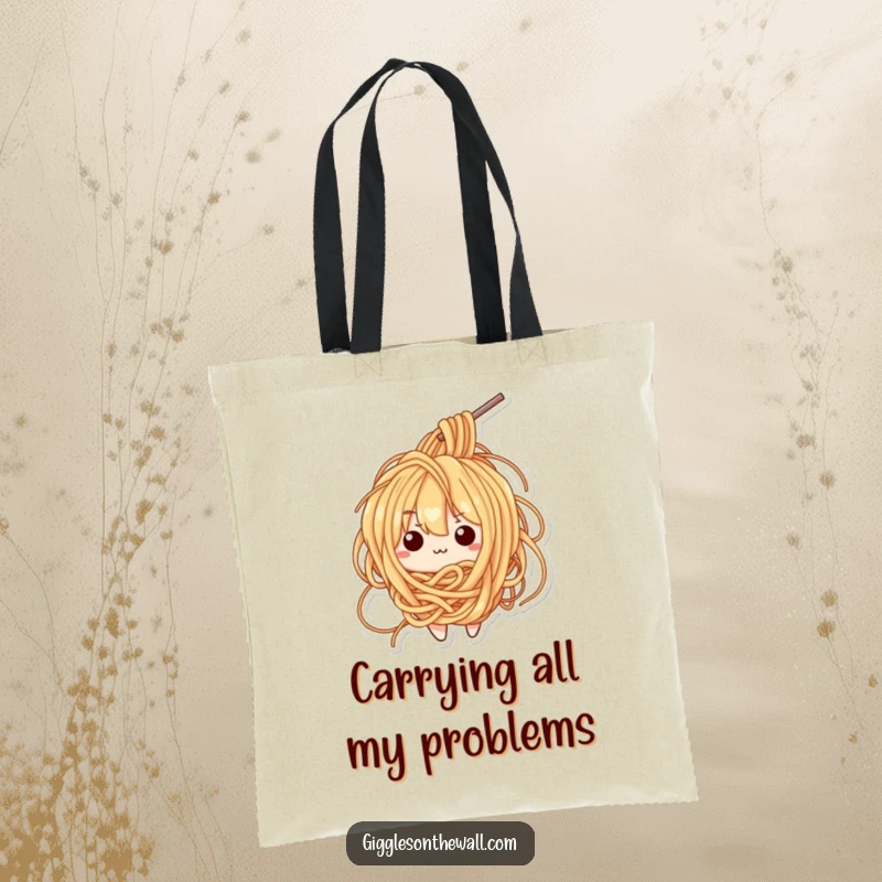 Funny tote bag featuring a bewildered ramen noodle character hilariously tangled in its own strands, great for errands.