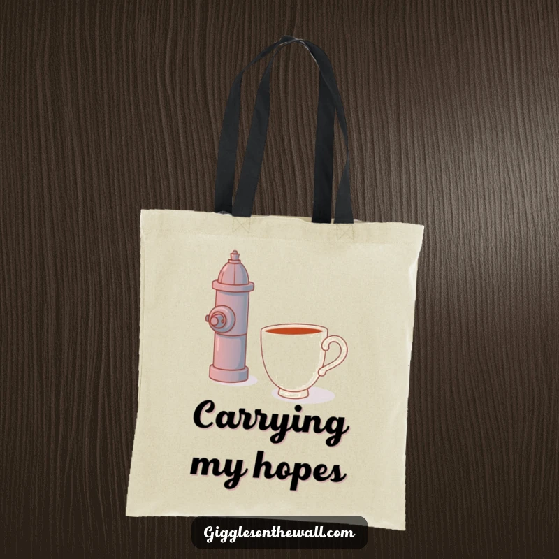 Funny tote bag, a teacup hugging a fire hydrant, durable and stylish, whimsical and humorous illustration.