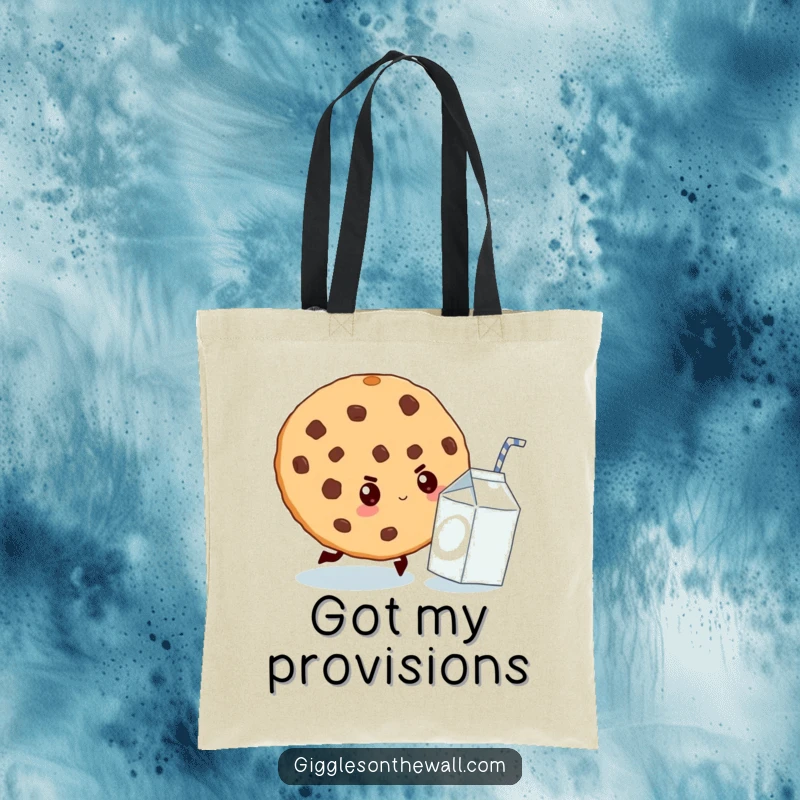 Funny tote bag showcasing a giant cookie determinedly chasing a tiny milk carton, perfect for carrying items with a humorous snack theme.