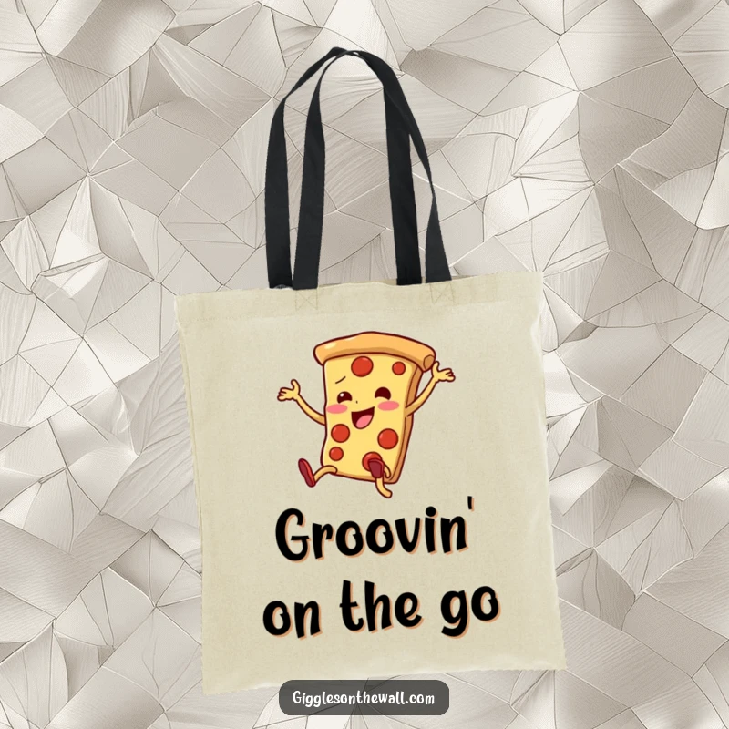 Funny pizza slice tote bag with legs doing a clumsy but enthusiastic dance, vibrant and humorous carry-all.