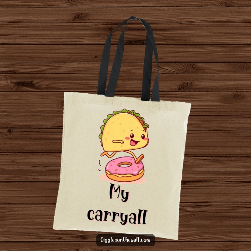 Funny tote bag with a taco runner tripping over a donut during a marathon, ideal for carrying essentials humorously.