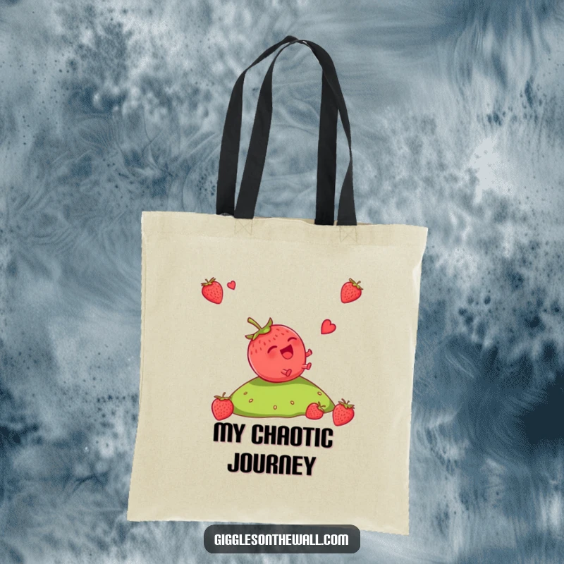 Funny Strawberry Tote Bag: A tote bag with a giggling strawberry rolling downhill, symbolizing uninhibited joy and a fun spirit, perfect for shopping.
