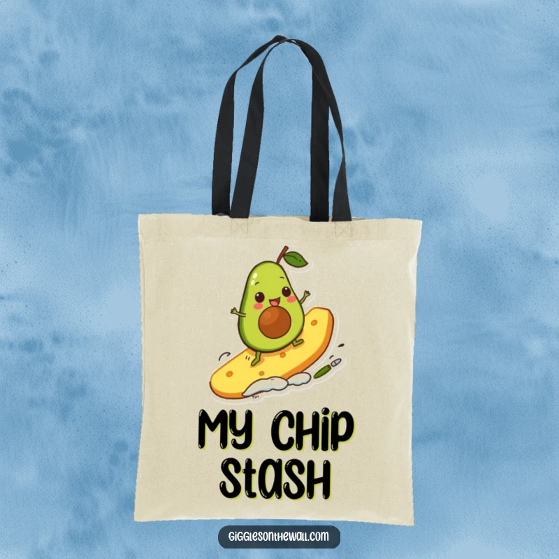 Funny avocado character riding a giant chip on a tote bag, showcasing a humorous and adventurous scene for stylish, practical carrying.