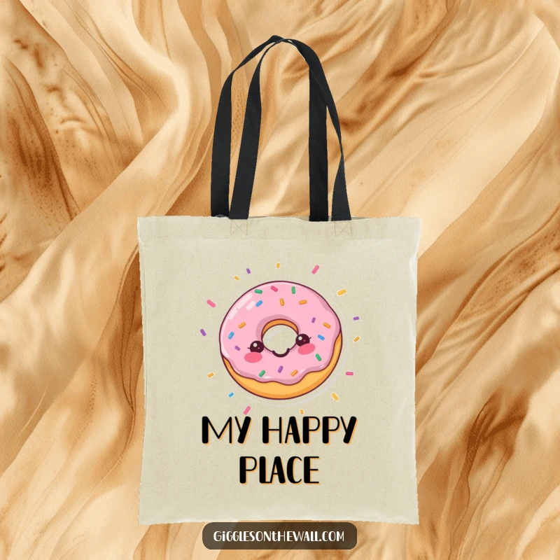 Funny tote bag showcasing a happy donut amidst falling confetti, a vibrant accessory for carrying joy and a great funny gift.