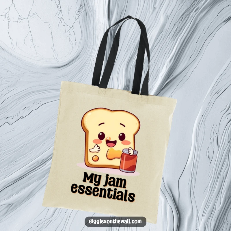 Funny tote bag with a sentient slice of toast attempting a selfie with jam, perfect for carrying items humorously.