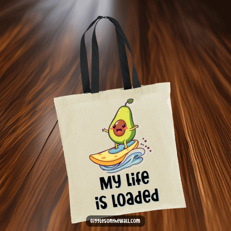 Funny tote bag illustrating an avocado character surfing a giant chip, a stylish and humorous bag for everyday use.