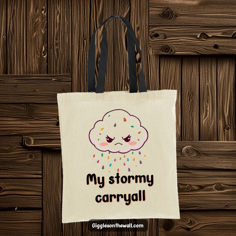 Funny grumpy cloud character unexpectedly raining colorful sprinkles on a tote bag, creating a humorous and practical accessory.