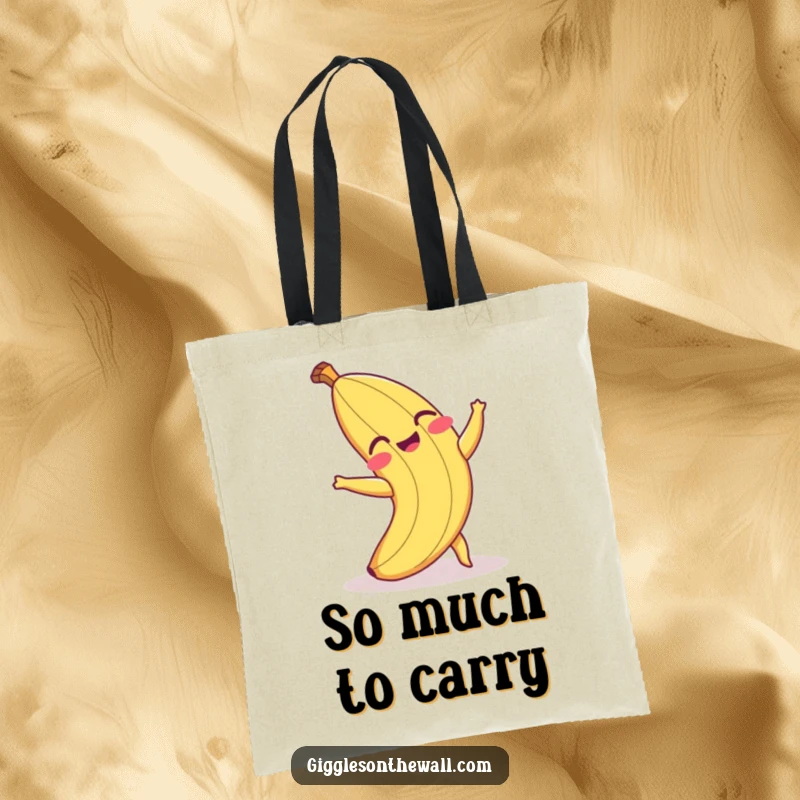 Funny tote bag showing a laughing banana peel comically falling after slipping on its own peel, great for shopping.