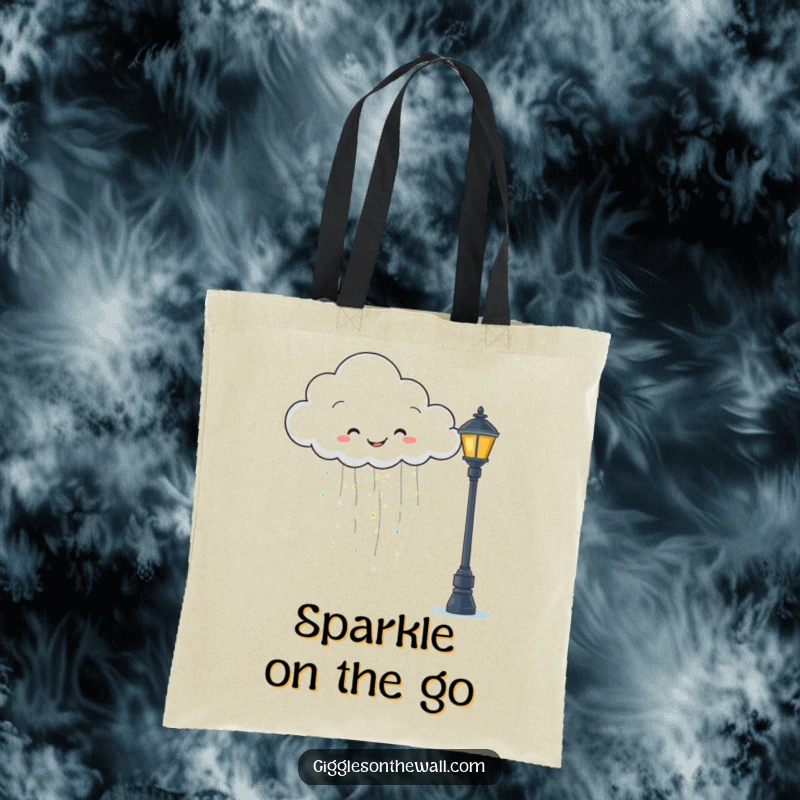 Funny tote bag with a happy cloud raining glitter onto a grumpy lamppost, perfect for carrying items with charm.