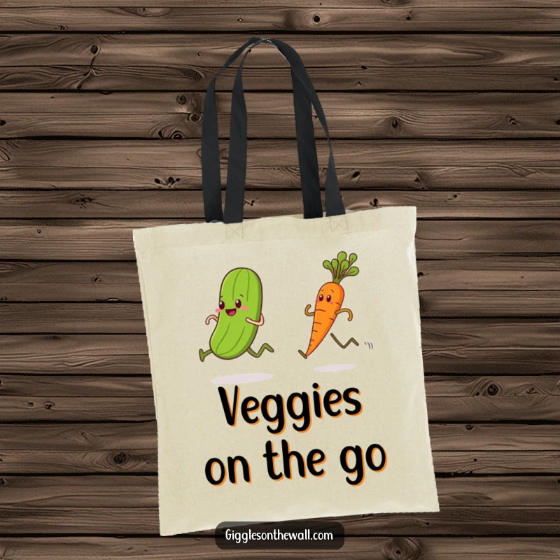 Funny tote bag, a pickle racing a carrot, humorous vegetable design, durable and spacious.